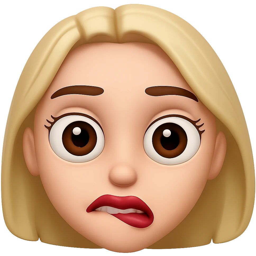 Edit the apple emoji style face to make it bite its lip while keeping the big creepy eyes. Remove the background. emoji
