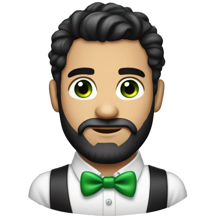 Young round face handsome man with bow tie and green eyes and full beard, black hair , bushy eye brows ballon face  emoji