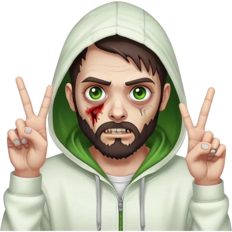 zombie making peace sign, undercut hairstyle with dark brown hair, short full beard, heterochromia with one green eye and one brown eye, wearing plain white hoodie with hood up emoji