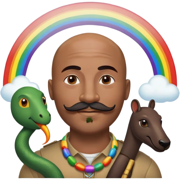 Oxumarê as a happy 37-year-old bald man with very dark skin tone, smooth oval head, indigenous facial features, mustache with circular beard only on chin (no hair on sides), a round mole on the right side below the lip, accompanied by a rainbow serpent, Memoji style emoji