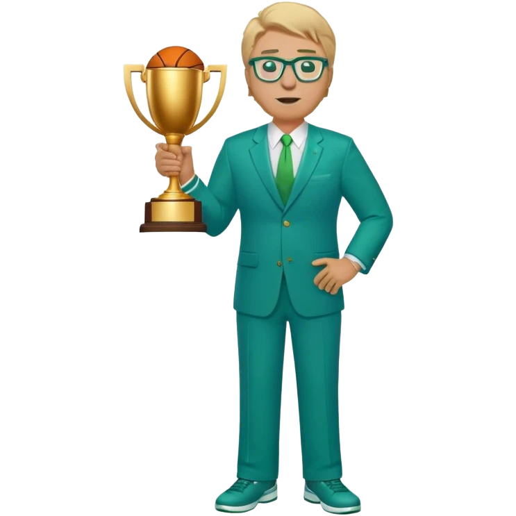 full body plus size male basketball coach with sandy blonde hair and glassed wearing blue and green suit holding a trophy emoji