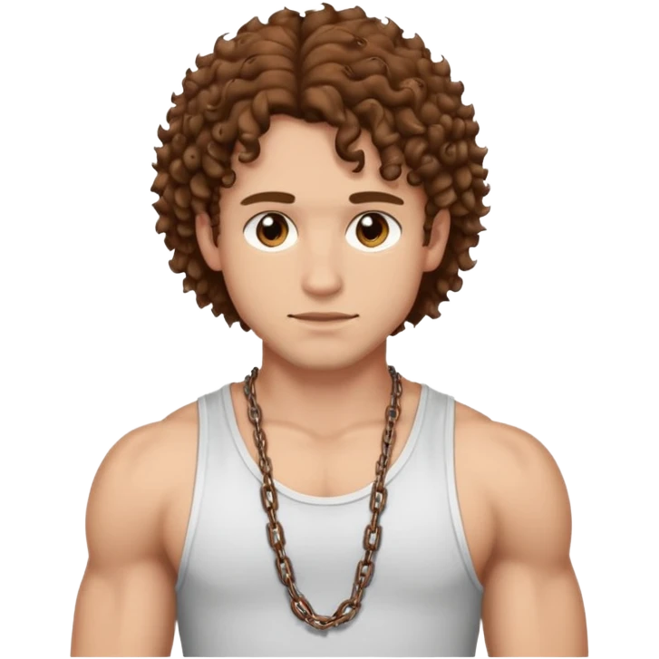 a somewhat muscular lights lin guy with brown curly hair, chains, q white tank top, and brown eyes emoji