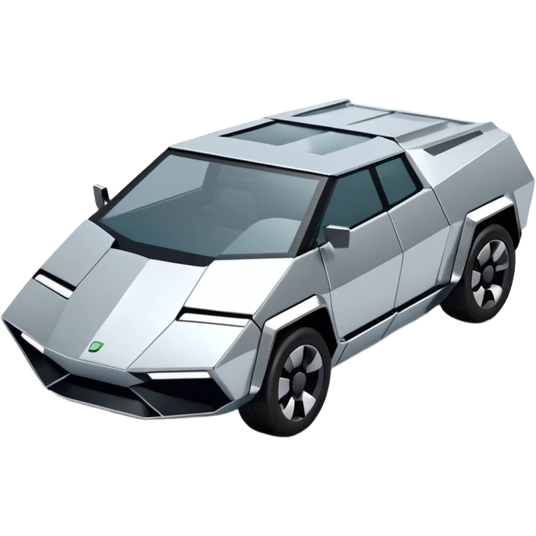 A futuristic chrome car emoji, sharp geometric body design inspired by cybertruck aesthetics, smooth silver metallic surface, matte and glossy chrome mix, minimal details, soft reflections, clean edges, iOS emoji style, centered, clean white background, soft studio lighting, no text emoji