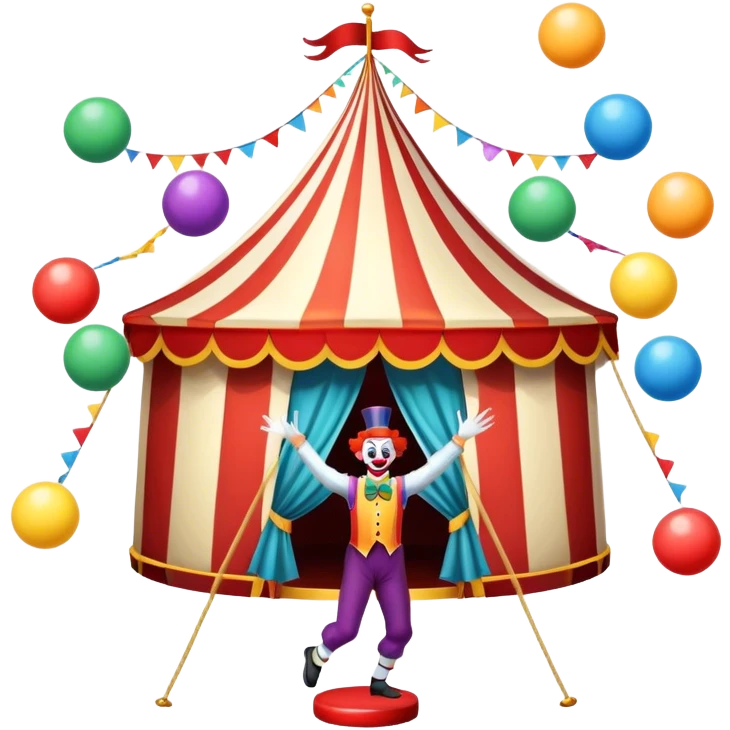 Icon for Circus Arts: a circus tent with a performer juggling colorful balls, a unicyclist, and a clown. The icon should convey the excitement and fun of circus performances, with emphasis on skill, acrobatics, and entertainment. Transparent background. emoji