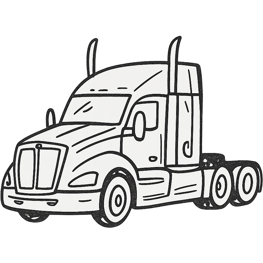 2026 Kenworth T680 semi truck, black with chrome stacks, hand drawn icon style, no fill, clean lines emoji