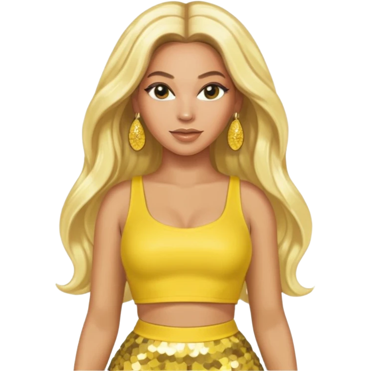 Beyonce with long platinum blonde hair, yellow sequin crop top yellow sequin skirt, gold earring emoji