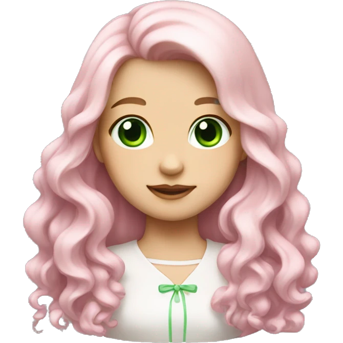 pale girl with long wavy hair with bright green eyes and wearing a light pink hair bow emoji