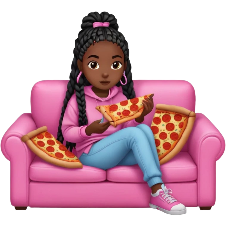 A dark skinned black girl with black box braids eating pizza, on a pink couch in comfy outfit emoji