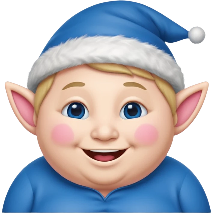 A blue emoji with fat pink cheeks and is smiling like a elf emoji