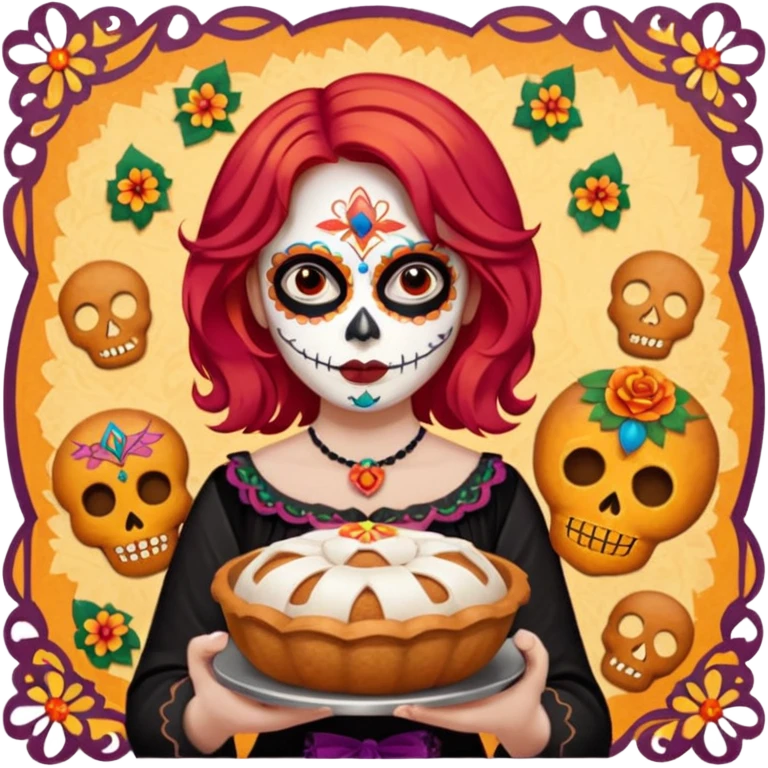 Día de muertos cabello rojo pan de muerto papel picado emoji