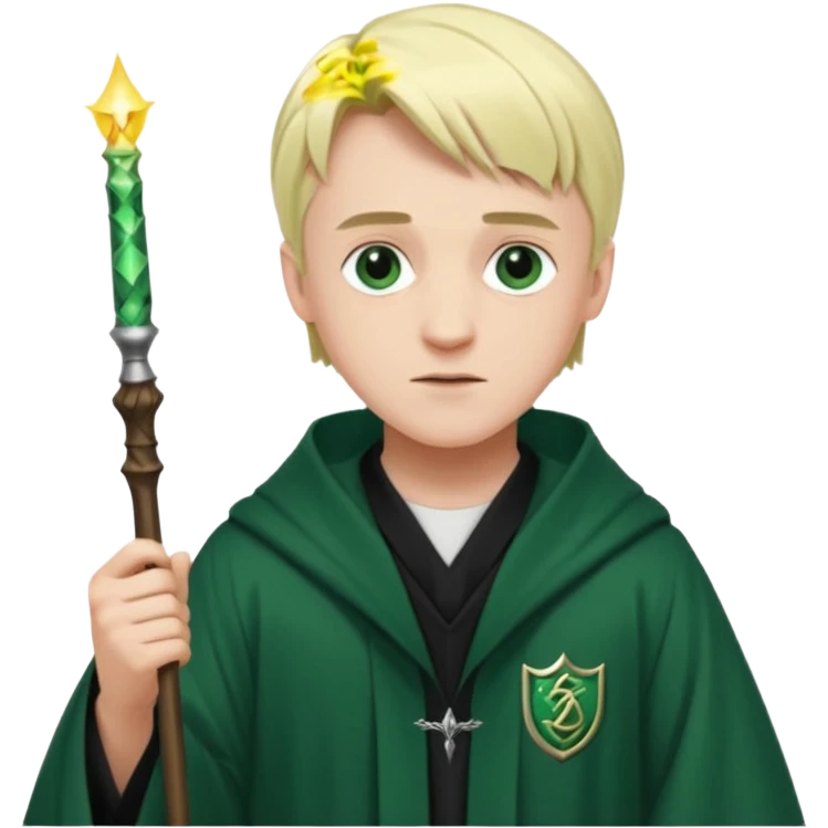 Draco Malfoy wearing slitherin robe with his wand emoji