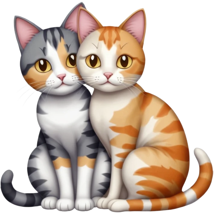 full body colourful light patched calico + white tabby cat cuddling a bigger cat that is dark grey and white tabby cat  and they are in love emoji