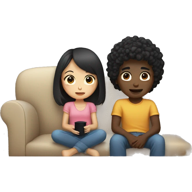 Asian girl, which has straight hair, and black boy, which had curly hair, as a couple cozying together on a couch watching a movie emoji