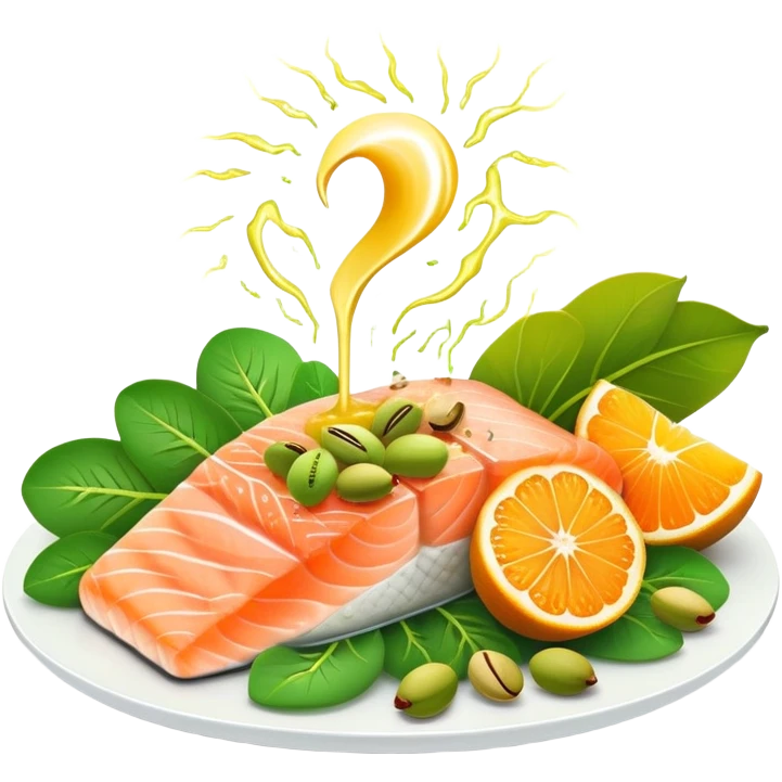 Banana, spinach, salmon fillet, sliced kiwi, pistachios, and a glass of orange juice emitting electrical sparks that flow toward a heart and nervous system. The electrical currents highlight the role these potassium-rich foods play in maintaining heart rhythm and muscle function. emoji