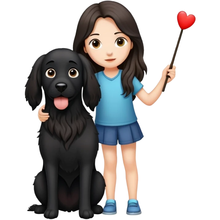 A long-haired girl is holding a big black dog with standing ears emoji