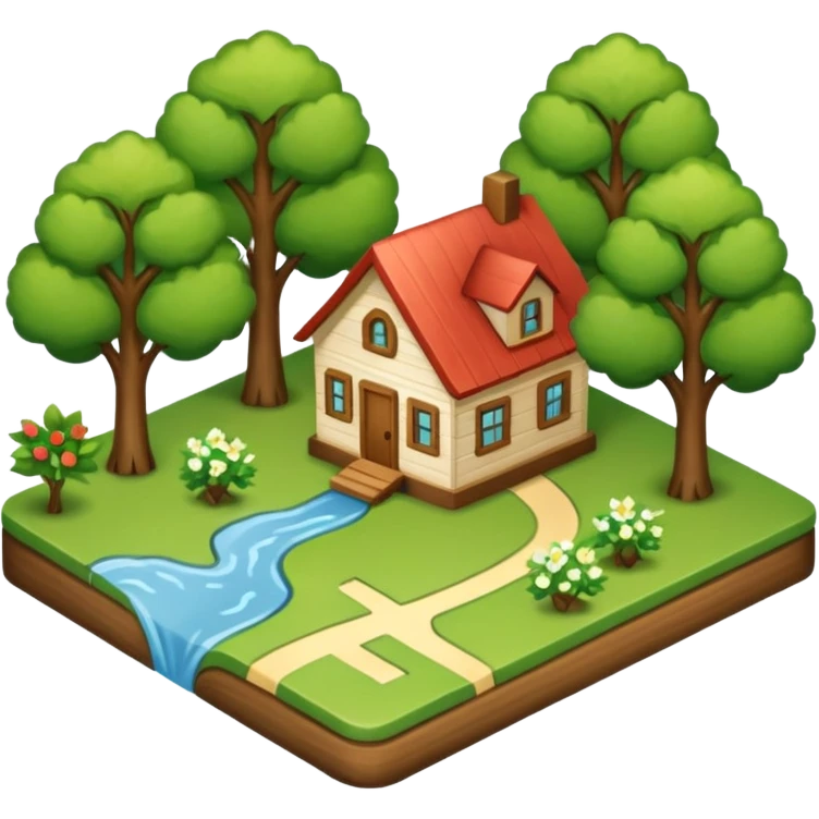 An icon featuring a local map, symbolizing local gardening. The design includes a different trees, and 1 tiny wooden house, representing the unique geography and culture of a specific area. Transparent background highlights the exploration of local history and environment. emoji