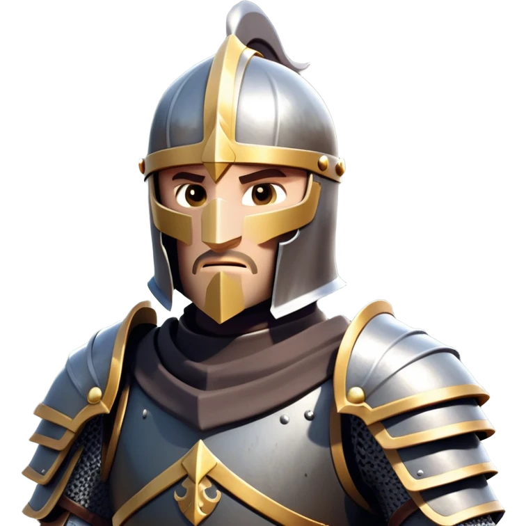 clash-of-clans-aesthetic_-cinematic-fearsome-and-majestic-knight-bust-portrait-emoji, rendered in a flat, vector-style with minimal shading and bold, simplified shapes, depicting a battle-ready medieval knight with steely eyes and intricate armor, mounted riding on a black warhorse reflecting sunlight over a misty battlefield. emoji