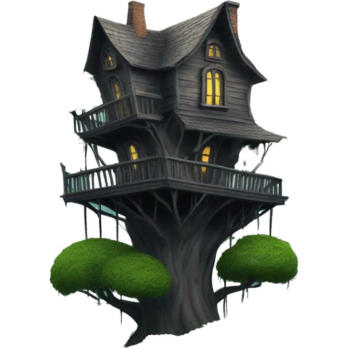 Fantastic haunted Addams tree house overgrown on a hill  emoji
