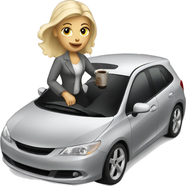 Blonde woman driving silver hatchback drinking coffee emoji