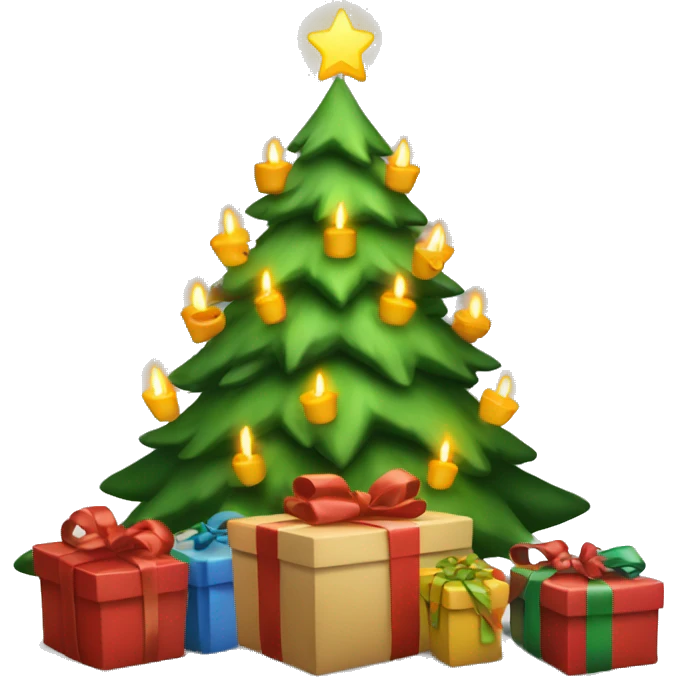 Christmas tree with candles on it and presents under it  emoji