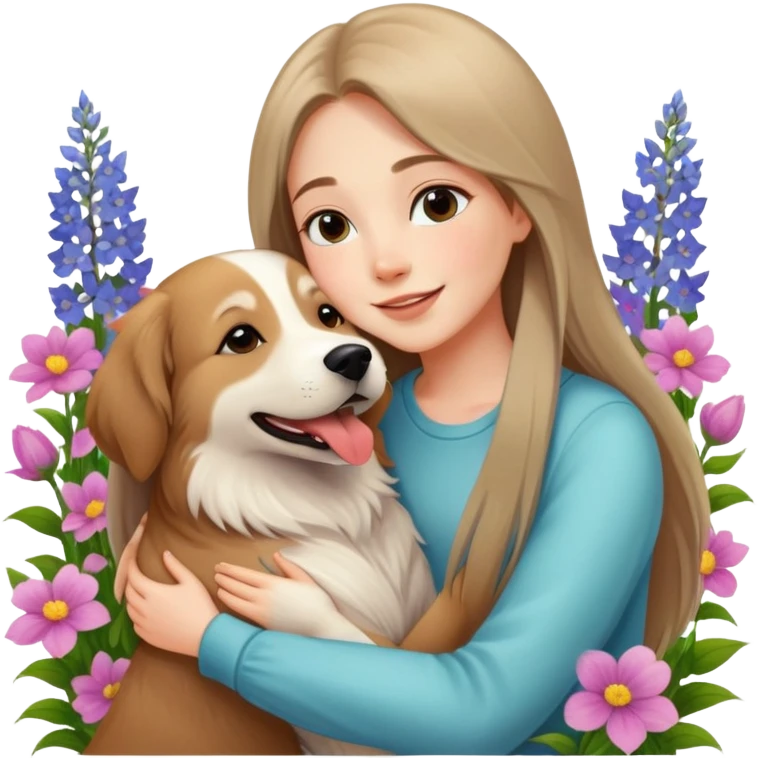 A beautiful girl with long straight hair happily hugs an Alaskan dog in the flowers emoji