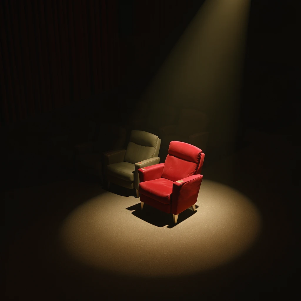 vintage movie theater with beige armchairs and just one red one, in the spotlight. A light focuses on this red armchair, making the entire area around it a little darker. The angle is isometric. Wes Anderson Style. emoji