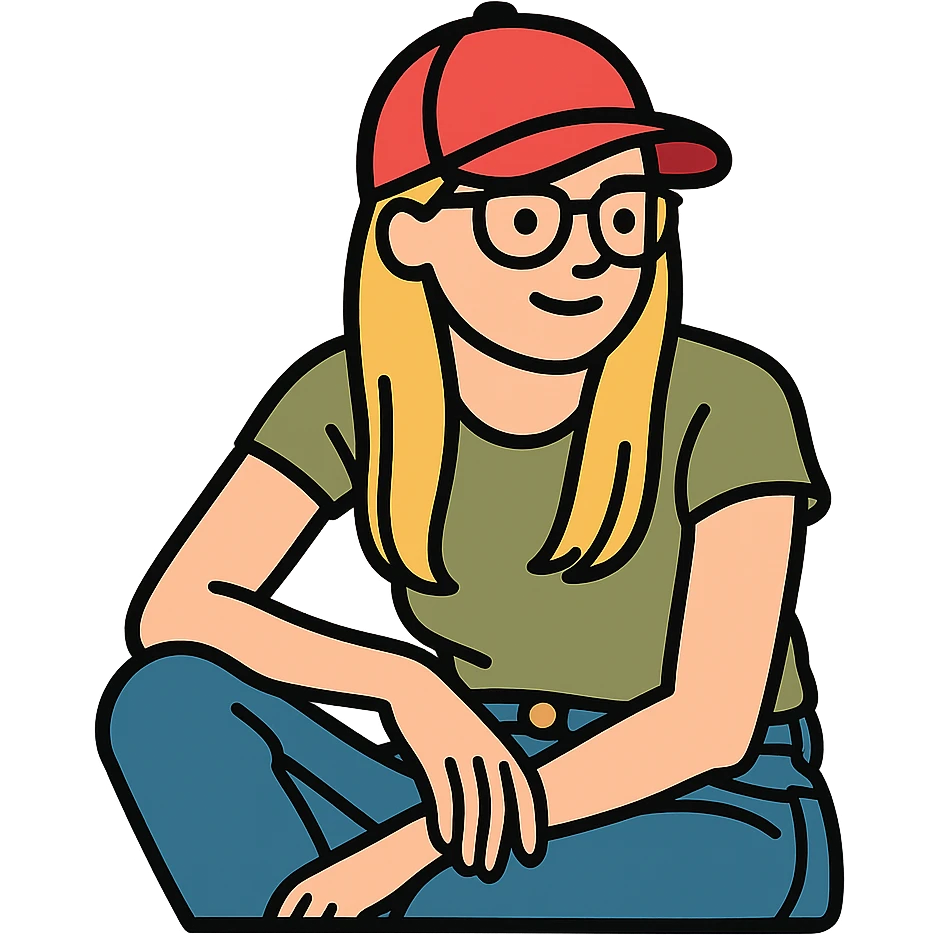 Add a cap and glasses to the heroine, maintaining a relaxed look in jeans and a t-shirt. emoji