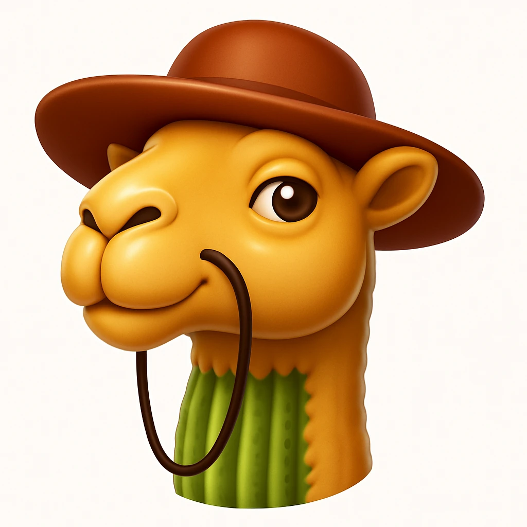 Make a camel emoji exactly like the reference image, in iOS emoji style. Same face, neck, and expression, smooth and shiny. Add a subtle highlight. emoji