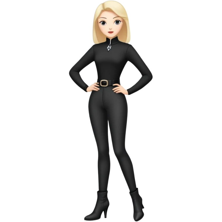 girl with oval-shaped flat-top head wearing tight black pants and black medieval high-heeled boots emoji
