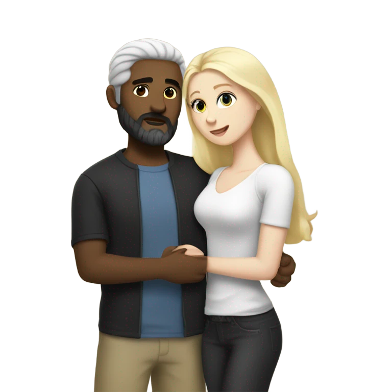 Man, white skin, short black hair, long beard, hugging a white woman with blonde hair  emoji