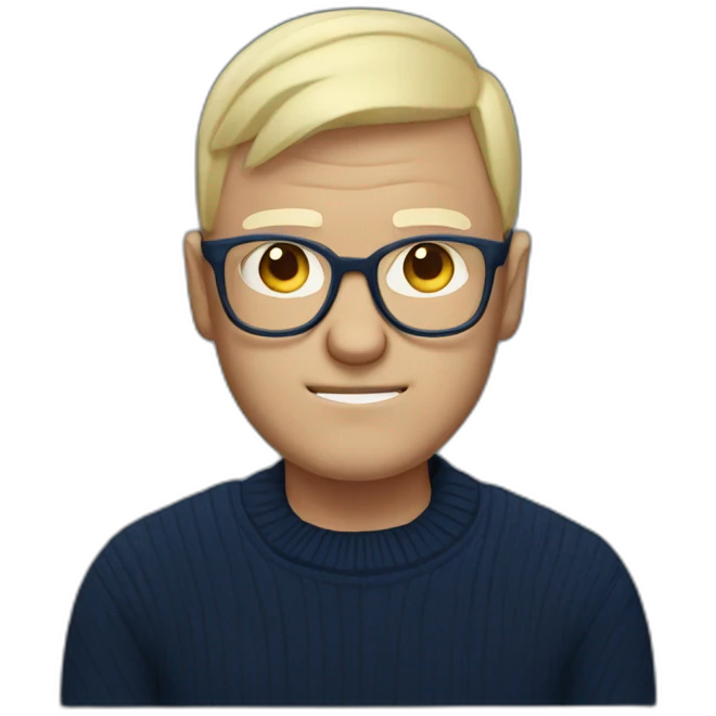 grumpy blond bald man with round glasses with navy sweater emoji
