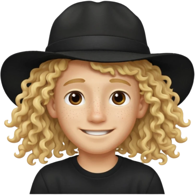 blonde boy with long curly hair past his hears and a LA hat, smiling, wearing a black shirt with freckles emoji