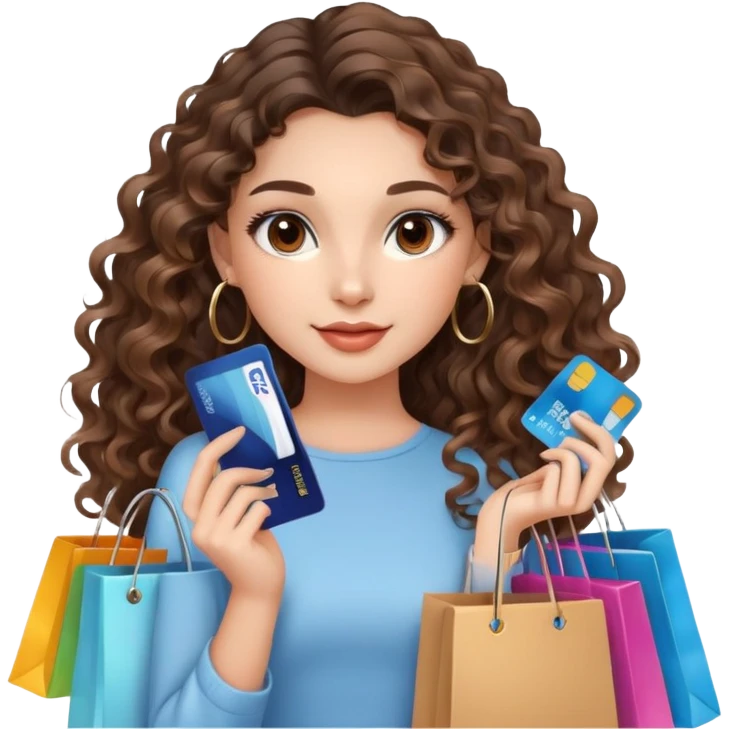 cute girl long brunette balayage curly/wavy not voluminous hair, brown eyes, hoop earrings, natural pretty clean makeup: holding a credit card and lots of shopping bags. SHE HAS LOOONG HAIR emoji