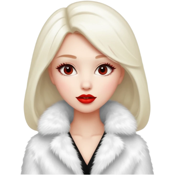 A beautiful, cute girl with red lipstick is posing for a photo in a white fur coat emoji