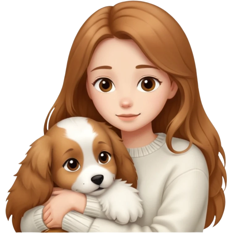 a girl with long light brown hair, in a white sweater, hugs a cute one dog. emoji