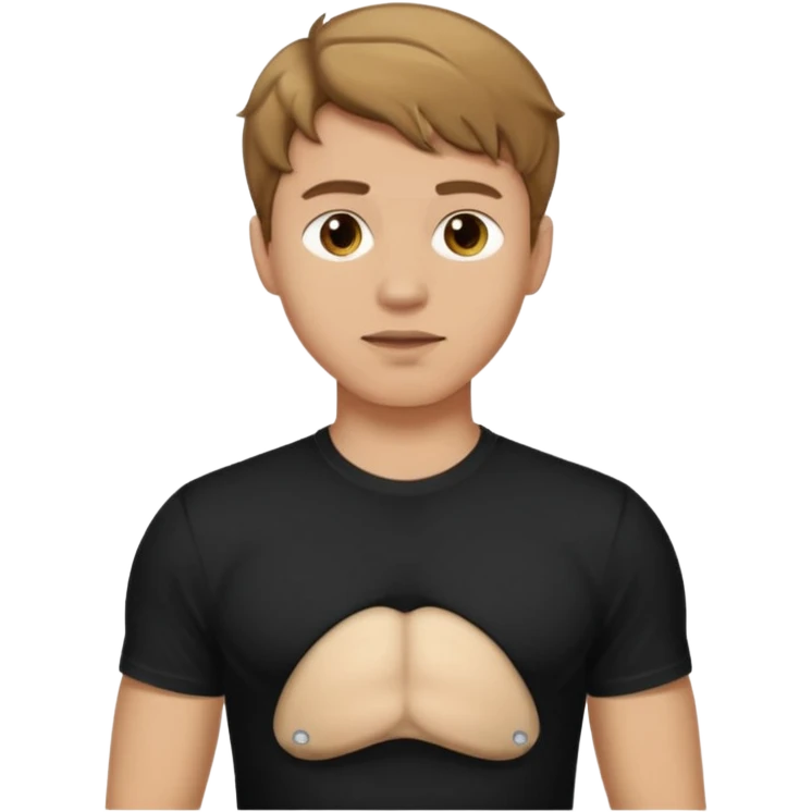 Man. He has short wavy light-brown hair and wearing a black t-shirt, and a visible bulge on the groin area molding his testicles. emoji