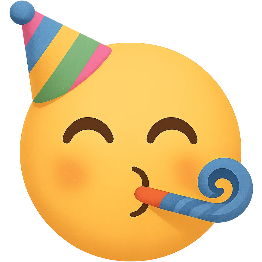 yellow face with party horn emoji, digital illustration, no background emoji