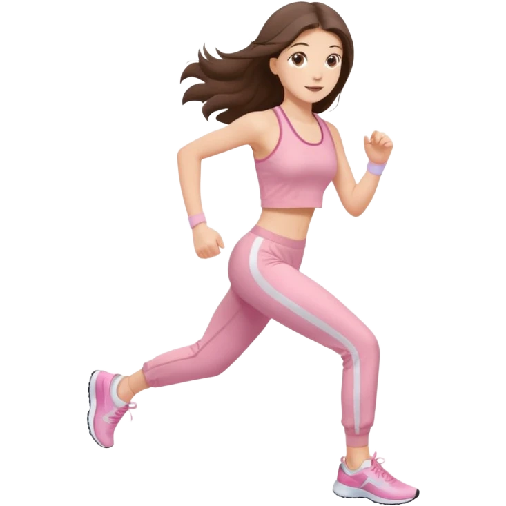 white happy brunette teen long hair with hazel eyes in light pink workout clothes jogging emoji