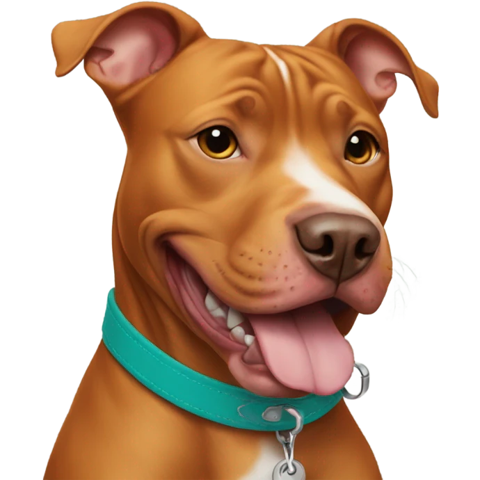 orange brown pitbull smiling with teal collar emoji