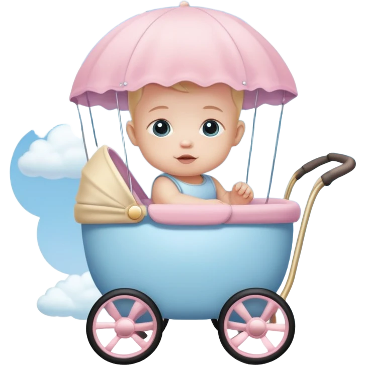 baby sitting in pink and beige stroller with pastel blue clouds around it emoji