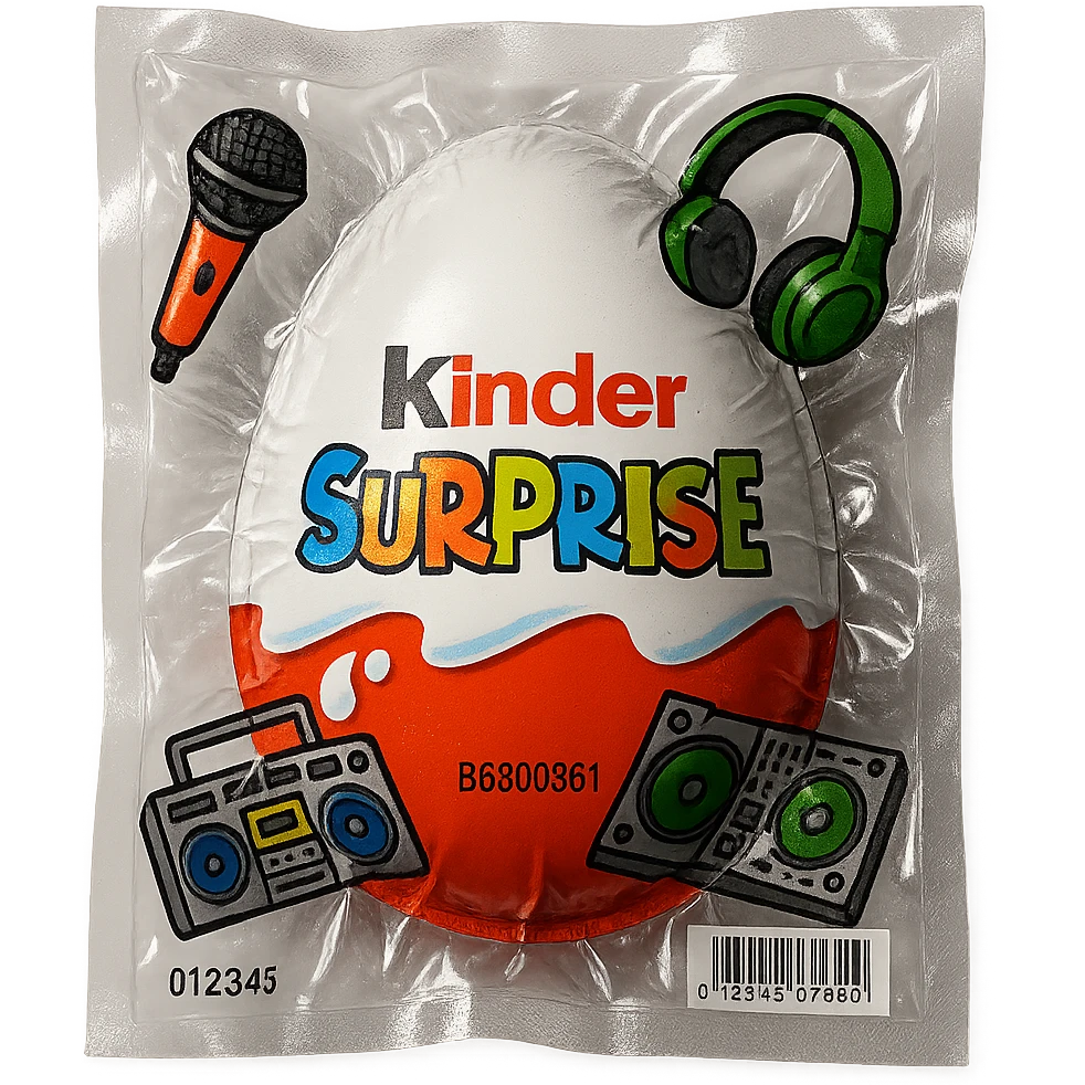 Kinder Surprise egg with standard packaging, toys including microphone, boombox, headphones, DJ setup, glossy and puffy vacuum-sealed style emoji