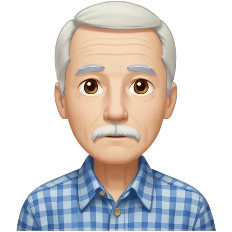 Thin elderly man with light skin. Elongated face with kind expression. Light brown eyes. Thin eyebrows. White goatee and white mustache. Very long, straight fine gray-white hair that reaches shoulders, with some bangs. Slim build. Wearing a blue and beige checkered button-up shirt. emoji