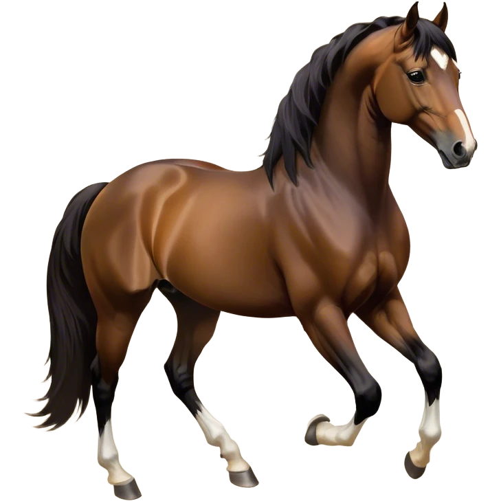 Cinematic Noble Bay Horse Portrait Emoji, Poised and regal, with a strong, athletic build and a rich, well-groomed bay fur accented by a dark mane and tail, deep-set soulful amber eyes, Simplified yet sharp and sophisticated features, highly detailed, glowing with a warm, dignified glow, high shine, intelligent and majestic, stylized with an air of equine elegance, focused and attentive, soft glowing outline, capturing the essence of a watchful and confident steed, so majestic it feels as though it could gallop out of the screen with effortless authority! emoji
