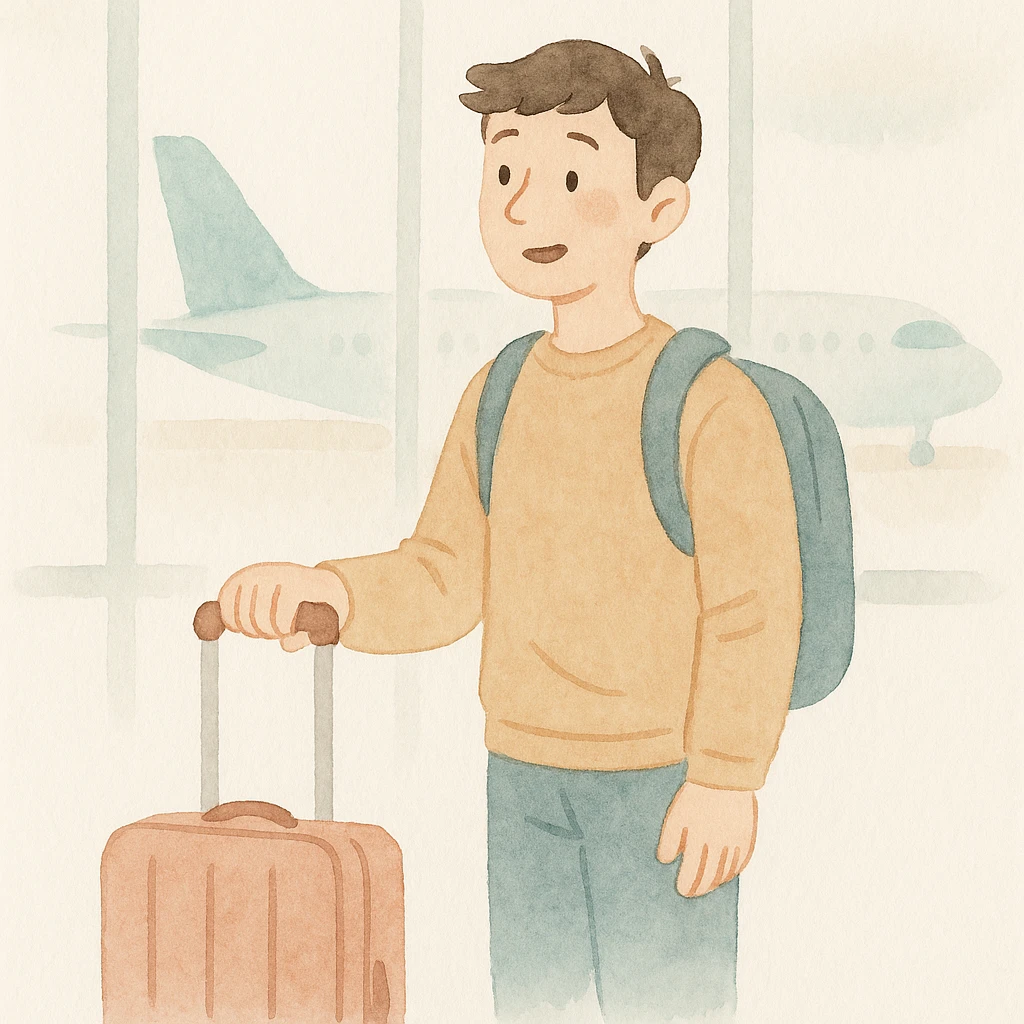 soft watercolor illustration in a minimalist modern style, a guy experiencing his first time taking a flight, excited and slightly nervous expression, at the airport with his luggage, pastel colors, delicate linework, gentle whimsical mood, minimal soft shading emoji
