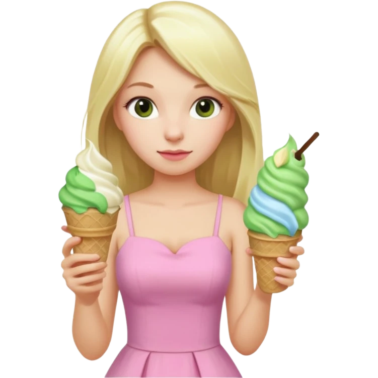 girl blonde long hair in pink dress,  holding matcha ice cream emoji