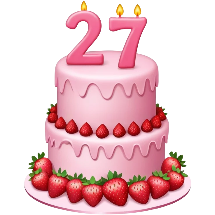 Pink birthday cake with the number 27 on it and strawberries  emoji