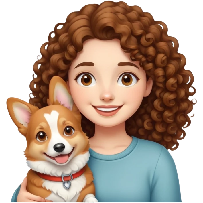 Curly brunette girl smiling with a corgi, in cute style   emoji