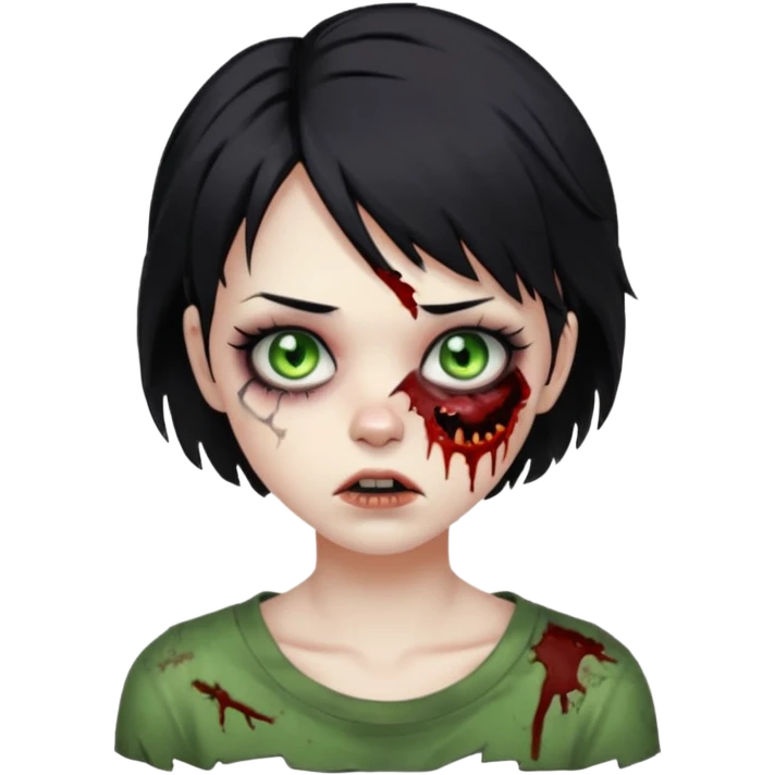 Zombie girl with messy black short hair with lashes and torn cheek emoji