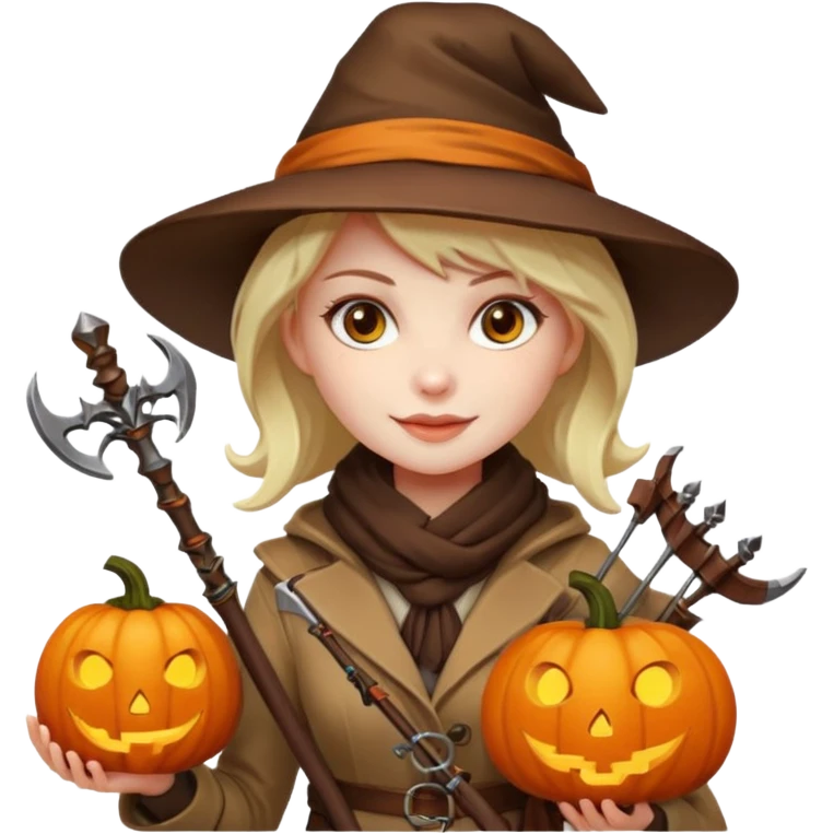 female human monster hunter emoji, wearing brown coat and hat, holding crossbow, soft smile, scarf, glowing pumpkin by her side, Halloween fantasy style, clean vector Apple emoji look, bright colors, white background, square emoji