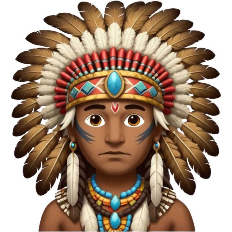 A proud chief with feathered headdress, calm powerful stance, and painted patterns on his face.
 emoji
